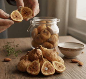 figue sèche coupée montrant un contrôle de qualité avec trace de moisissure